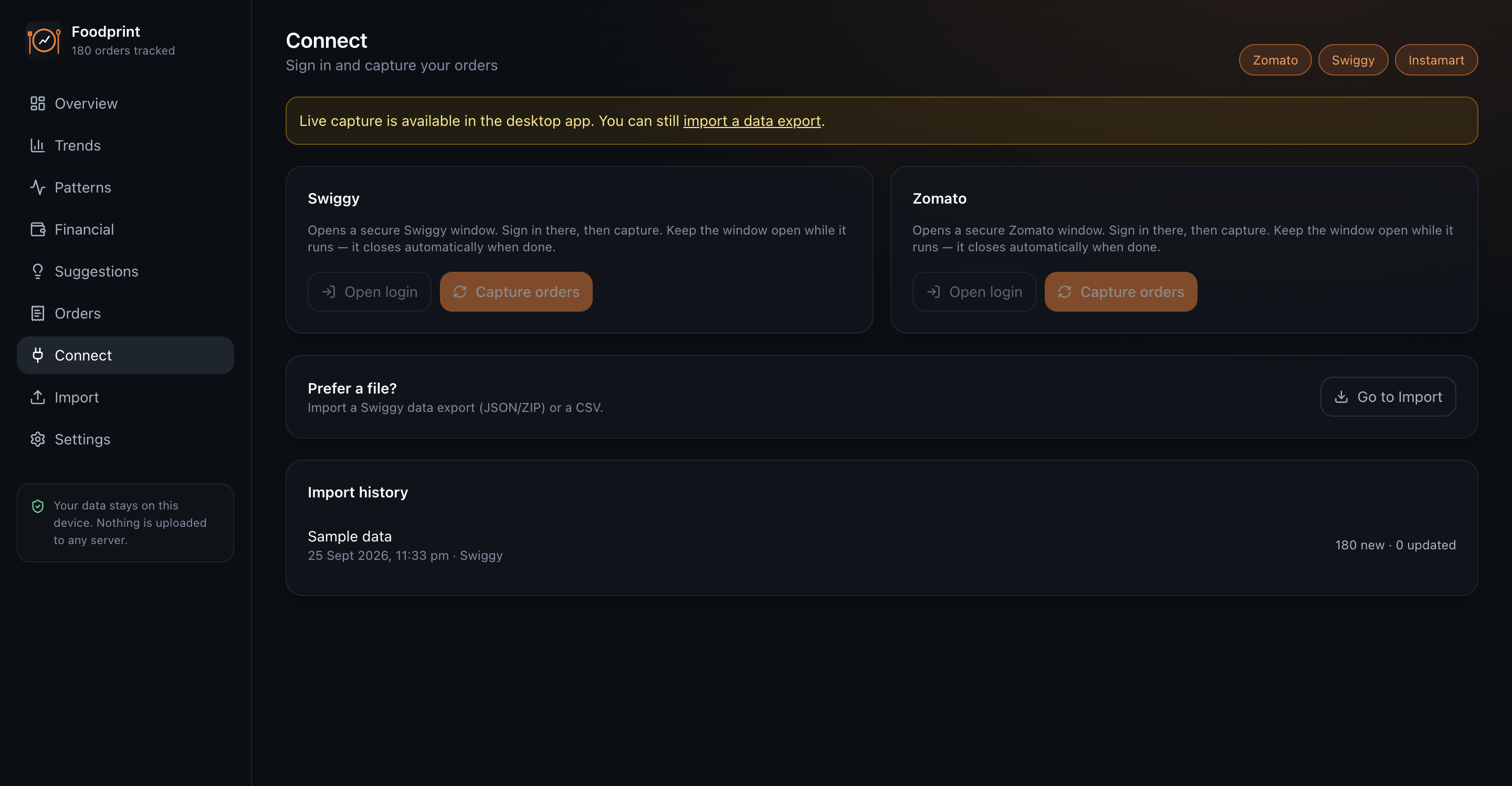 Foodprint connect screen with Swiggy and Zomato capture cards