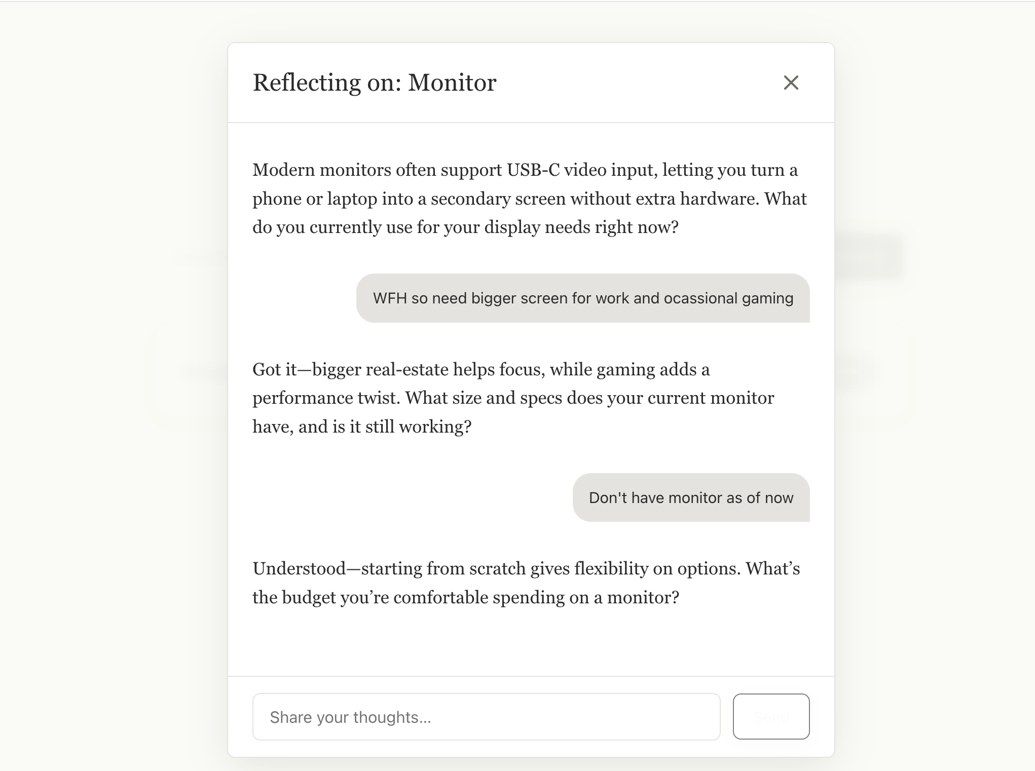 Mottainai AI chat probing a purchase decision