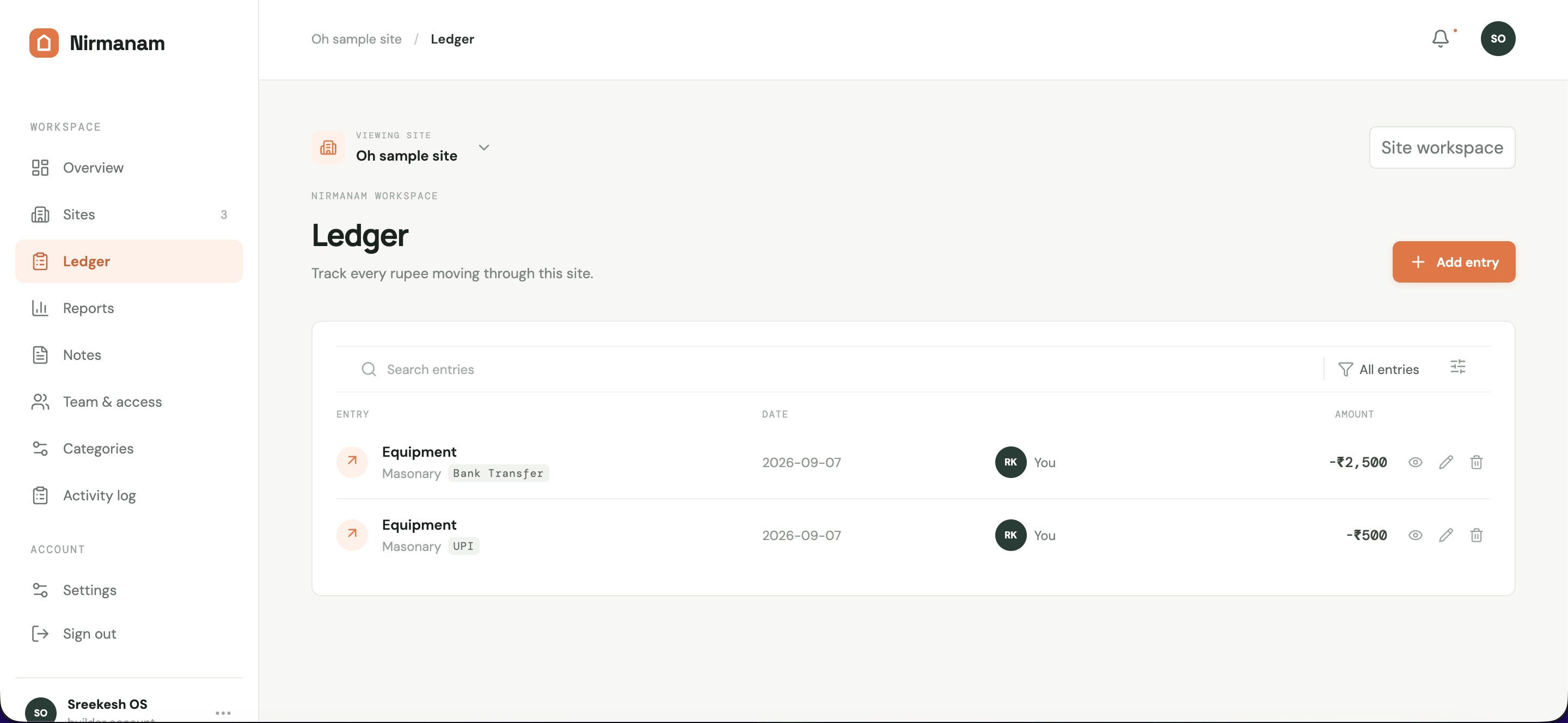 Nirmanam ledger showing expense entries with receipts