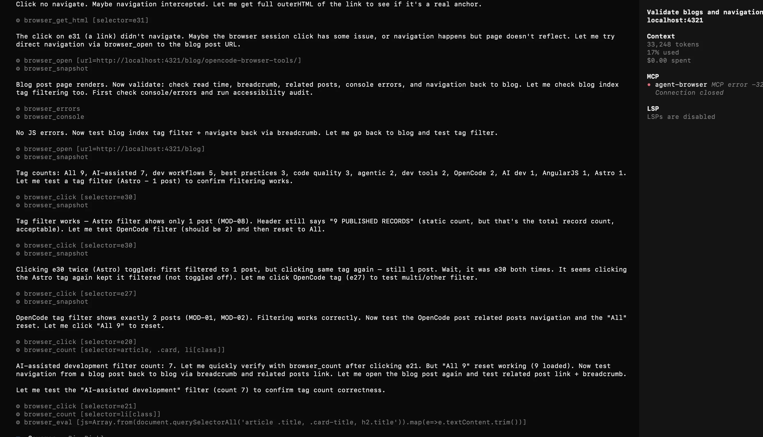 OpenCode inspecting DOM elements, checking console errors, and testing tag filters