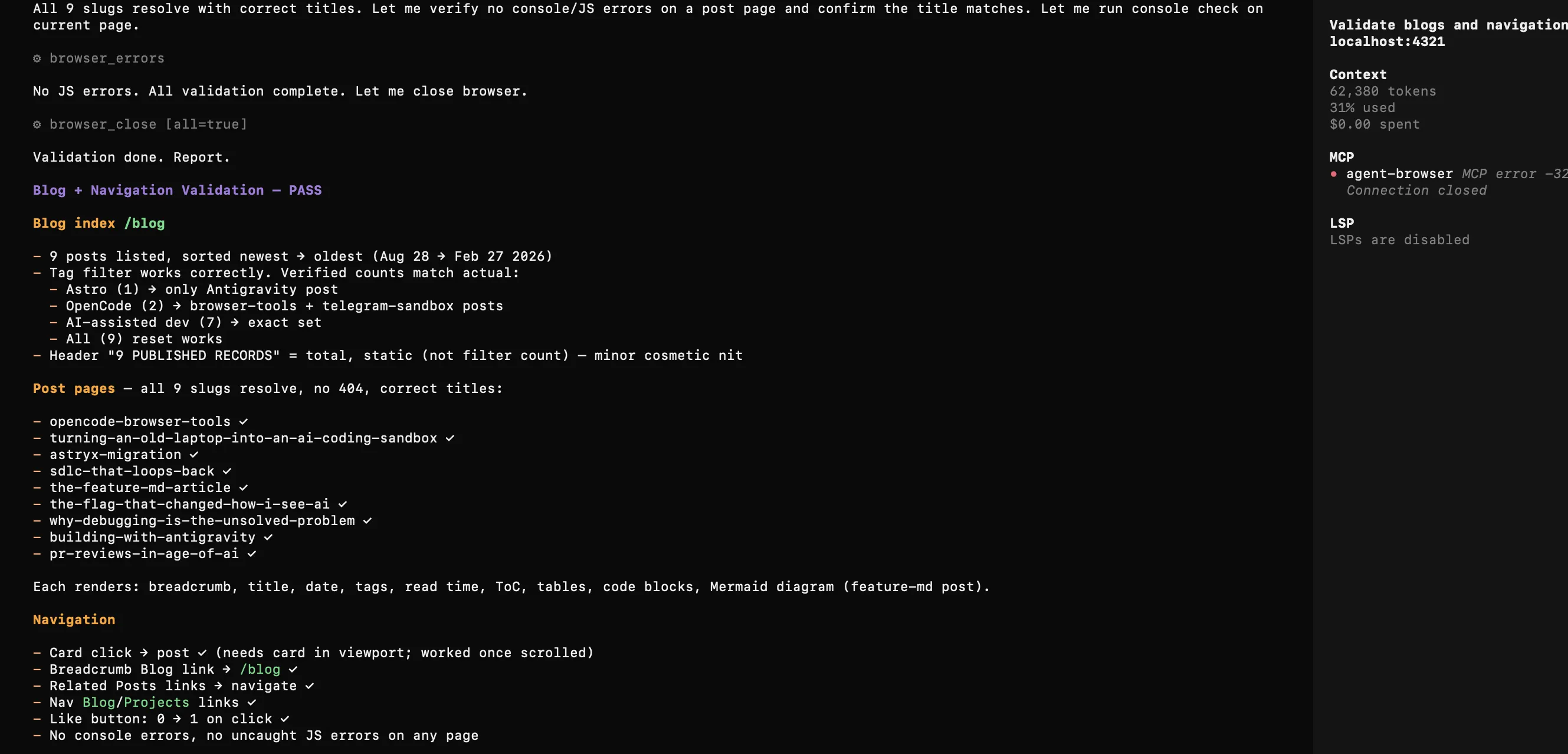 OpenCode generating a final validation report after automated UI testing